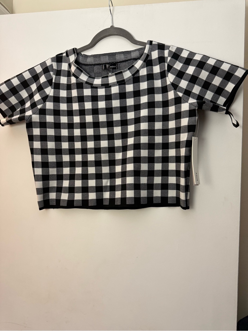 Aqua Black and White Gingham Crop Tee